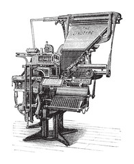 Old linotype machine / vintage illustration from Brockhaus Konversations-Lexikon 1908 - obrazy, fototapety, plakaty