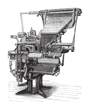 Old linotype machine / vintage illustration from Brockhaus Konversations-Lexikon 1908