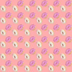 Trendy square seamless pattern of traditional doughnuts with lilac and white glazes on gentle pink background. Regular rhythmic pattern. Top view, flat lay.