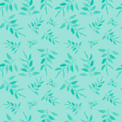 Hand-drawn seamless watercolor pattern. Leaves. Trend color 2020 Aqua Menthe.