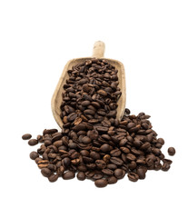Roasted coffee beans on a large wood scoop in front view from low level and isolated on white background