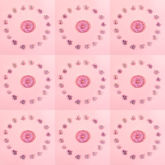 Creative floral spring pattern of several square layouts with flowers of lilac laid out in circle around traditional doughnut on trendy pink backdrop. Top view, flat lay.
