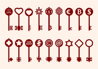 Silhouettes Of Keys Set. A variety of keys on an isolated background