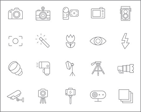 Set of camera and photography Icons line style.  It contains such Icons as media, photos, security camera, lens, film, video and other elements. Customize color and easy to resize.