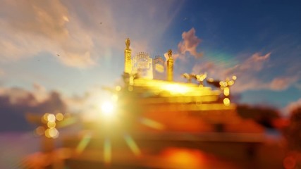 Golden stairway to gates of heaven opening against magical sunset and flying doves, 4K