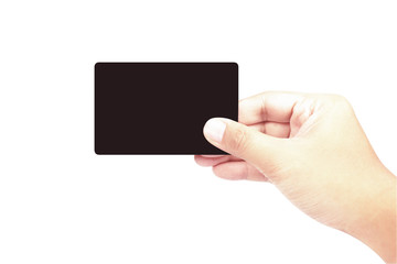 Hand holding black card isolated on white