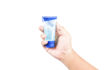 hand holding alcohol gel hand sanitizerand isolated on white