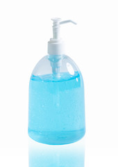 blue alcohol gel clean hand sanitizer in pump bottle isolate on white background clipping path