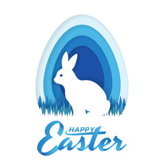 Greeting card Happy Easter day concept, Paper art and digital craft style of rabbit standing on grass that is inside the blue egg shape