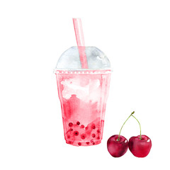 Bubble tea with cherry flavor and tapioca pearl