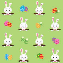 Seamless pattern with cute white rabbit or bunny pops out of the hole and there are eggs and flowers around on green garden background, Happy Easter day concept