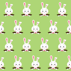 Seamless pattern with cute white rabbit or bunny pops out of the hole on green background, Happy Easter day concept