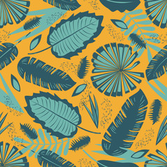 Seamless pattern with tropical leaves. Vector illustration-exotic plants on yellow . Fashionable Botanical fabric design. Illustration of the jungle.