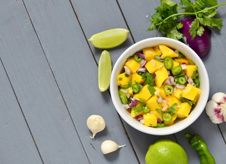 Homemade Mango Salsa with Ingredients,  top view, copy space