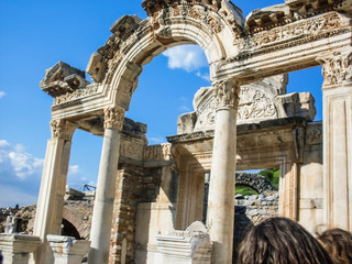 Ancient ruins in Ephesus Izmir Turkey - archeology background Marble reliefs in Ephesus historical...