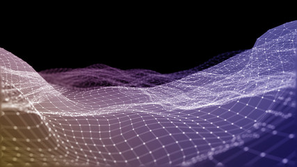 3D rendering of abstract digital waves and bright square particles in space. Futuristic background made of dots, particles and mesh. Large amount of data