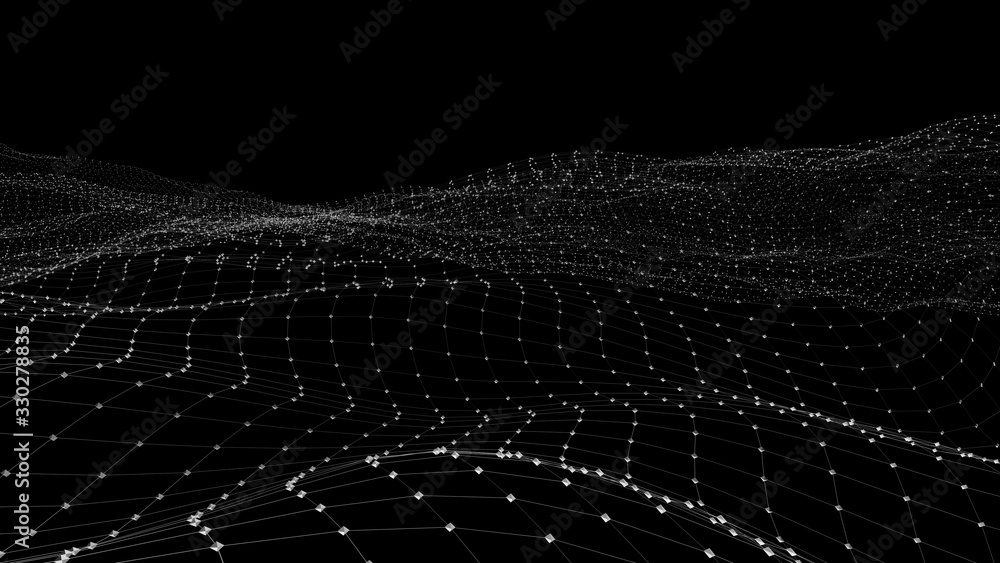 Poster 3d rendering of abstract digital waves and bright square particles in space. futuristic background m
