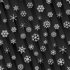 Seamless black night background with falling snowflakes and stripes of light behind.