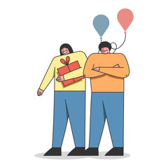 Happy Birthday Celebration Concept. Couple With Gift Box And Balloons. Woman Holds a Present Box. People Have An Occasion To Celebrate Birthday. Cartoon Linear Outline Flat Style. Vector Illustration