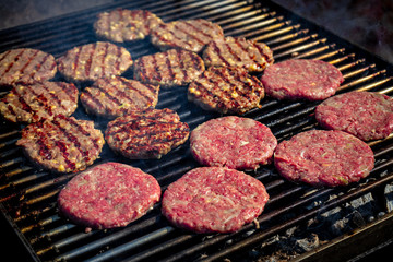 Appetizing pieces of grilled meat cooked on the grill over the hot charcoals