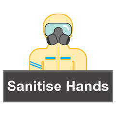 Man wearing protective suit (hazmat suit , decontamination suit) shows sign Sanitise Hands. Coronovirus epidemic personal protective equipment. Preventive measures. Steps to protect yourself