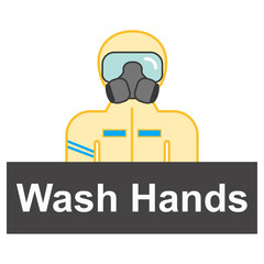 Man wearing protective suit (hazmat suit , decontamination suit) shows sign wash hands. Coronovirus epidemic personal protective equipment. Preventive measures. Steps to protect yourself
