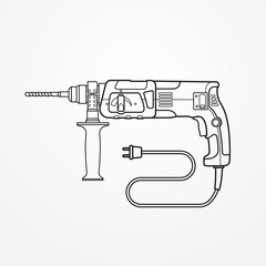 Typical rotary hammer with wire and auger. Modern isolated drill tool in detailed outline style. Professional power tool vector stock image. - 330280017