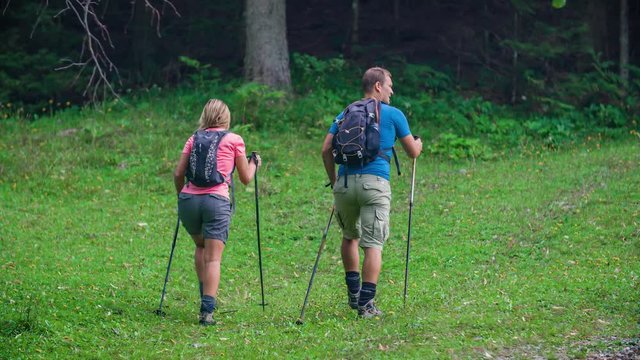 woman and man hiking wearing trekking shoes and trekking poles, Topla Valley.