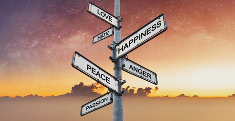 Human emotional and desires on directional signpost, with sunrise sky backgrounds
