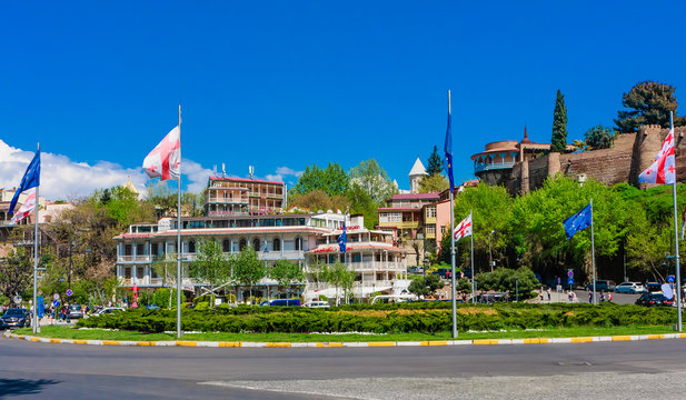  Europe square with Georgian an Europe Union flags. Queen Darejan's palace,  Kopala Rikhe Hotel. Tbilisi. Georgia