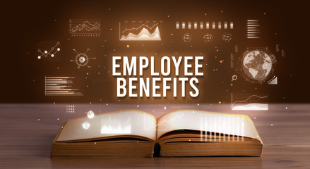 EMPLOYEE BENEFITS inscription coming out from an open book, creative business concept
