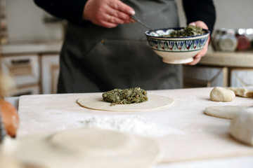 Making dumplings, manti and khinkali from minced beef, lamb and dough. homemade food