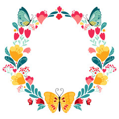 A circular arrangement with butterflies, flowers, hearts and dots. Place for text. Vector illustration isolated on white background. Spring or summer bright composition.