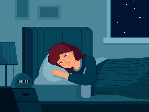 Woman with insomnia. Sleepy female character who cant sleep, depressed person worried nightmares and lying bed with open eyes vector illustration. Woman insomnia and tired, sleeplessness and thinking