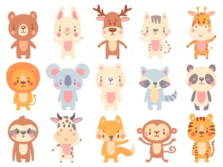 Cute cartoon animals. Waving giraffe, funny farm cow and happy bear mascot. Jungle zoo animal and smiling baby pets vector illustration set. Animal wild, lion and cat, fox and raccoon