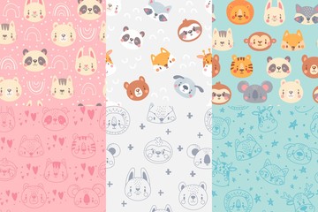 Seamless animals faces pattern. Cute animal heads, hand drawn zoo animals portraits patterns for kids vector illustration set. Seamless endless muzzle animals, raccoon and panda, tiger and giraffe