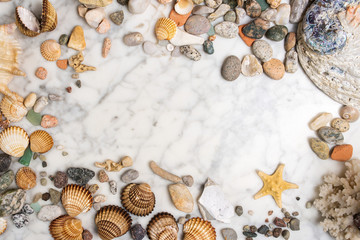 Seashells, starfish and sea pebbles frame, composition of sea stones and seashells, marine composition, composition of seashells, starfish, jellyfish, frame made of sea shells, stones 