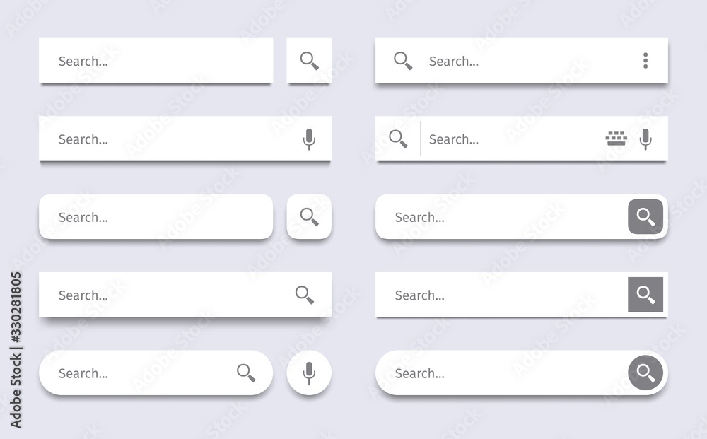 Poster search bar. searching panel, website ui bars with shadows and quick search boxes template vector set