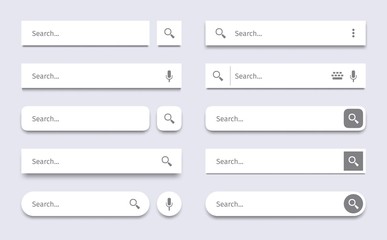 Search bar. Searching panel, website ui bars with shadows and quick search boxes template vector set. Search bar for web site interface, button panel illustration