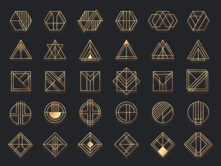 Art deco geometric shapes. Golden geometrical art shape, gold circle symbol and abstract triangle. Creative lines square and elegant geometrics rhombus vector. Geometric decoration frame illustration