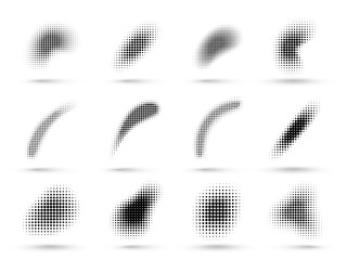 Abstract halftone shapes. Liquid shape with dotted halftones gradient texture, pop art and comic graphic dots vector set. Illustration dot gradient, fluid flex wave effect