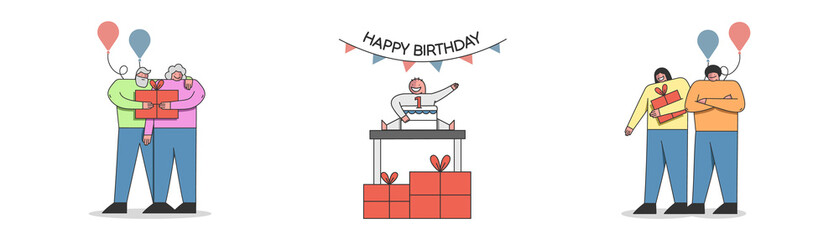 Happy Birthday Party Celebration Concept With Cake And Decorations. People Celebrate Babys First Birthday, Bringing And Giving Gifts To Child. Set Of Cartoon Outline Linear Flat Vector Illustration