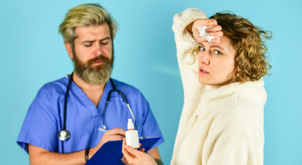 terrible headache. doctor and patient meeting at hospital. healthcare professionals. Healthcare and Medical. Doctor and patient are discussing treatment. consultation about diagnosis of disease
