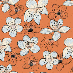 Hand drawn, cherry flowers, modern pastel orange background. Seamless vector illustration of floral concept. Sakura cherry blossom. Spring flower blooming. Textile, fabric backdrop. Printable pattern.