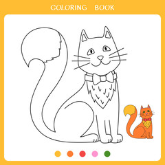 Simple educational game for kids. Illustration of red cat for coloring book
