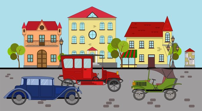 Retro cars on a small city street, vector illustration