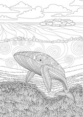 Coloring pages for adults with humpback whale for anti-stress coloring book with high details, isolated on pattern background, illustration in zentangle style. Vector - 330283422