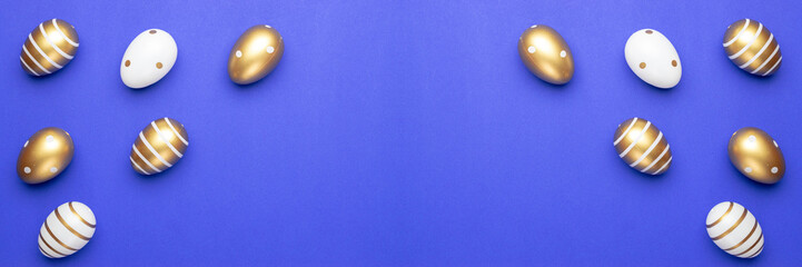 Easter basket eggs isolated on blue. For greeting card, promotion, poster, flyer, web-banner, article.