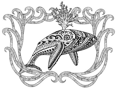 Coloring pages for adults with humpback whale for anti-stress coloring book with high details, isolated on pattern background, illustration in zentangle style. Vector