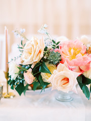 Table setting at a luxury wedding reception. Outdoor wedding	
